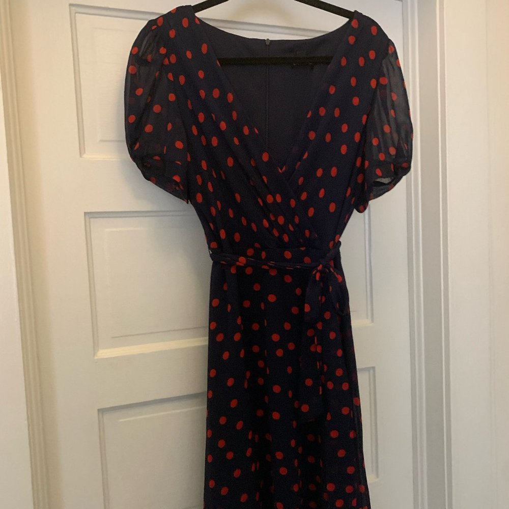 Connected Apparel Blue and Red Polka Dot Dress
